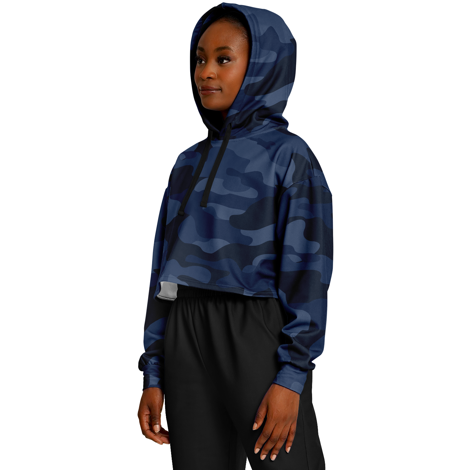 Deep Blue Camo Cropped Hoodie For Women