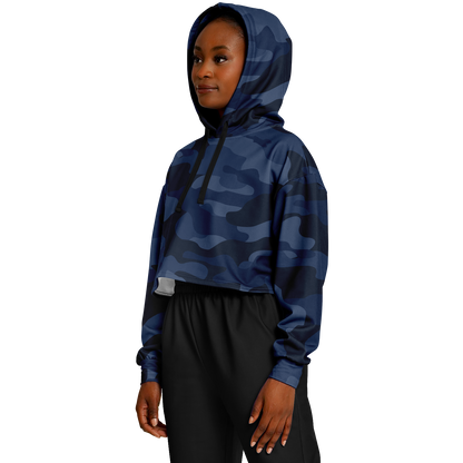 Deep Blue Camo Cropped Hoodie For Women