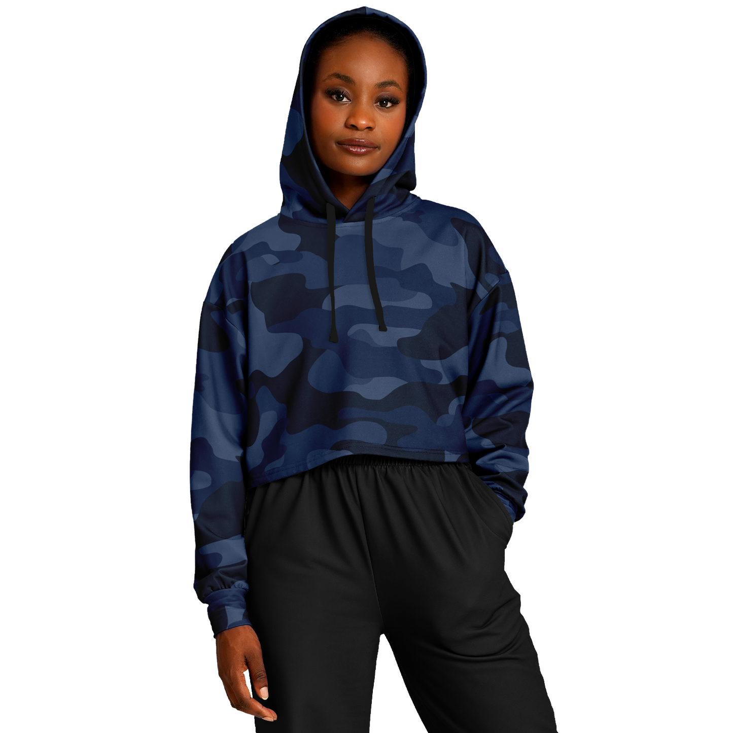 Deep Blue Camo Cropped Hoodie For Women