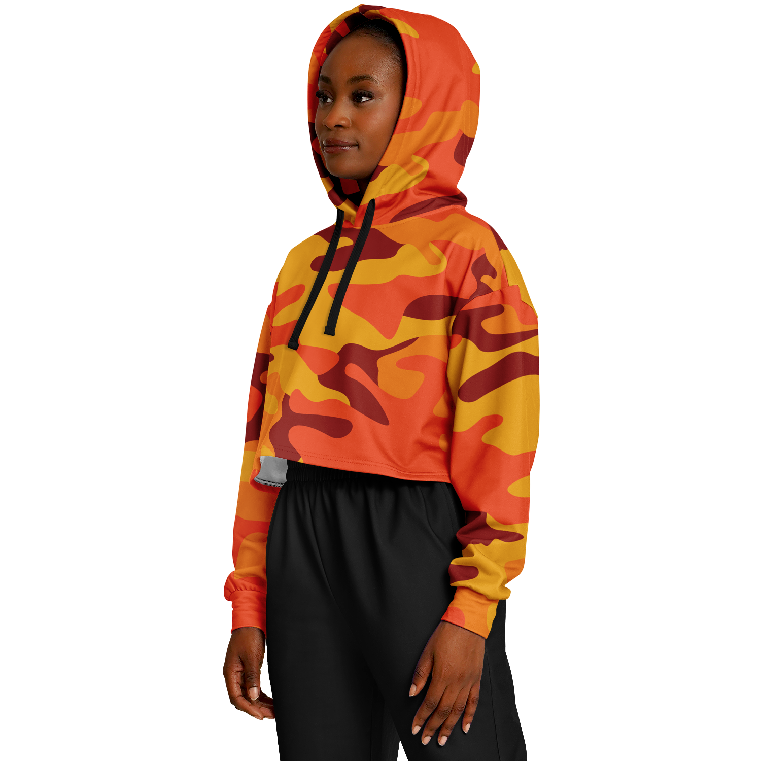 Orange & Red Camo Cropped Hoodie For Women