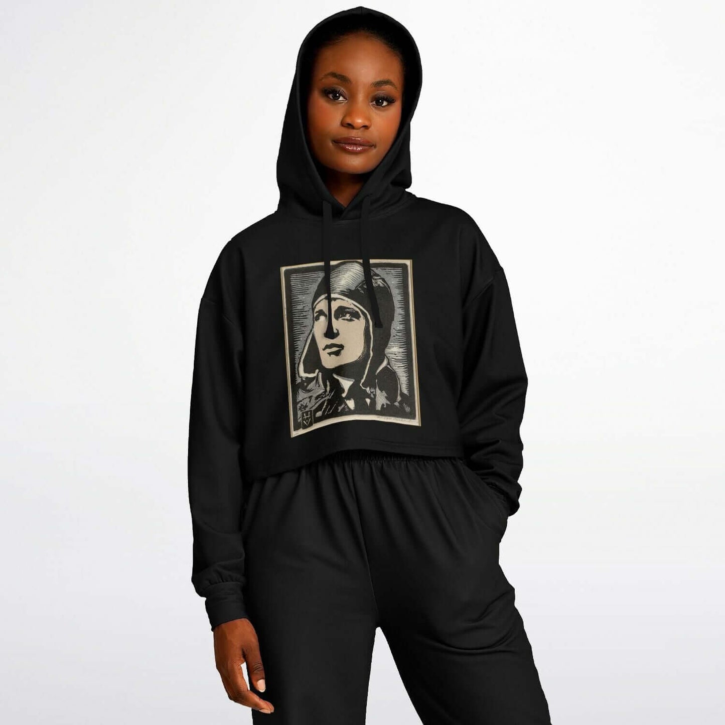 Amelia Earhart Black Cropped Hoodie