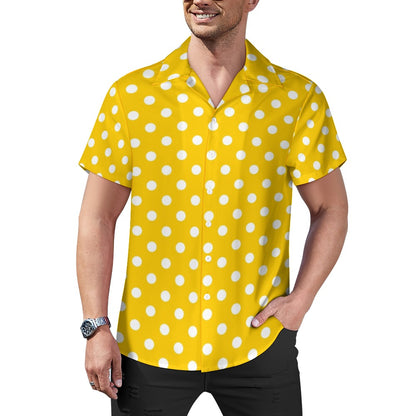 Yellow Cuban Collar Shirt With White Polka Dots