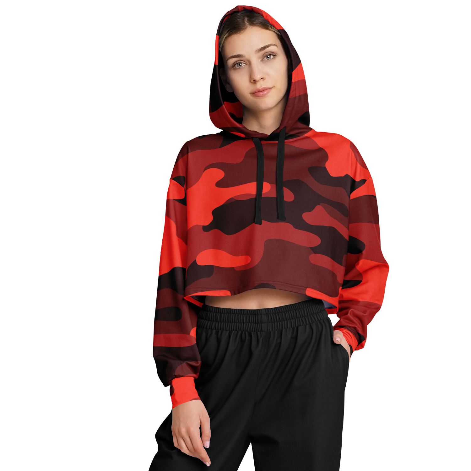 Red Camo Cropped Hoodie For Women