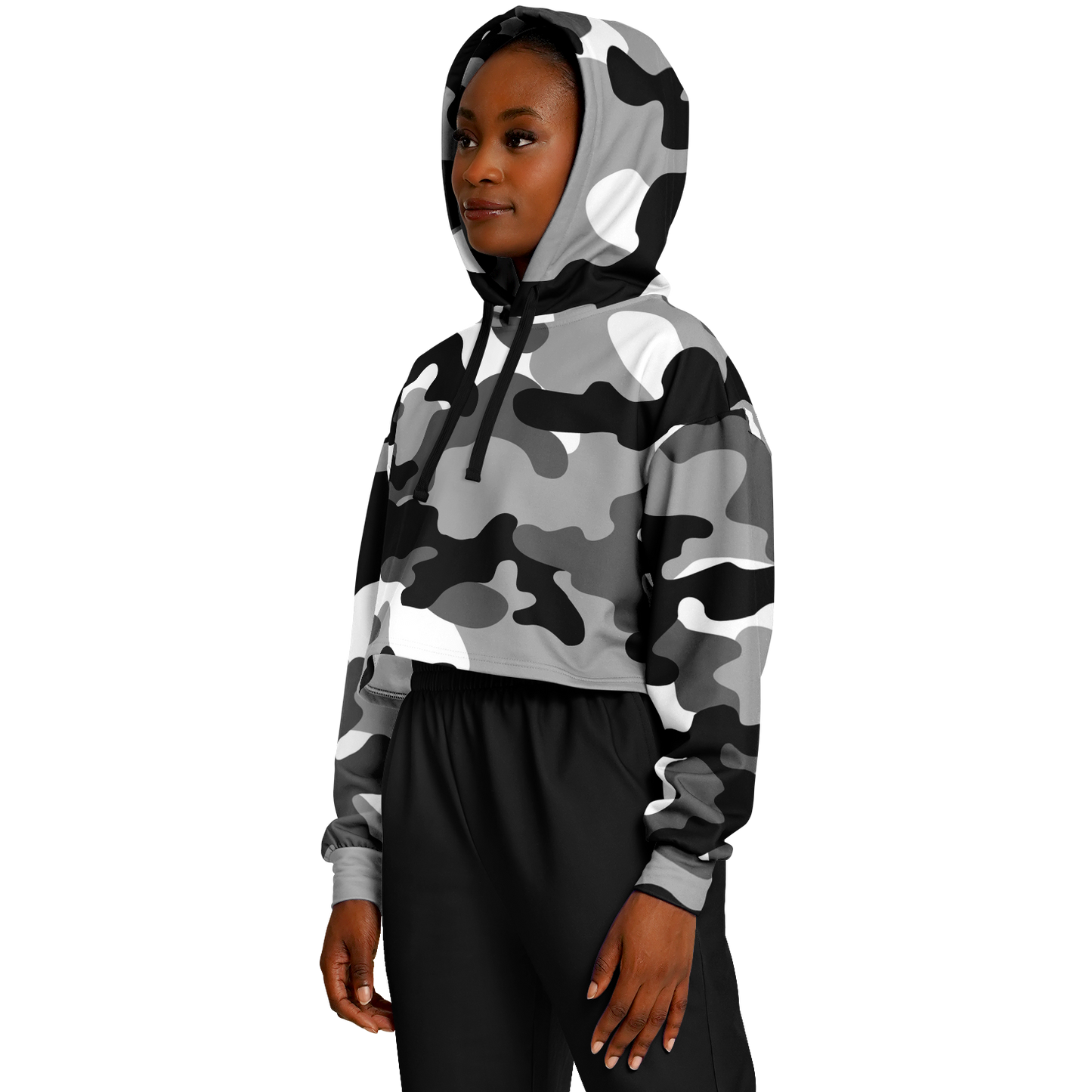 Gray Black & White Camo Cropped Hoodie For Women