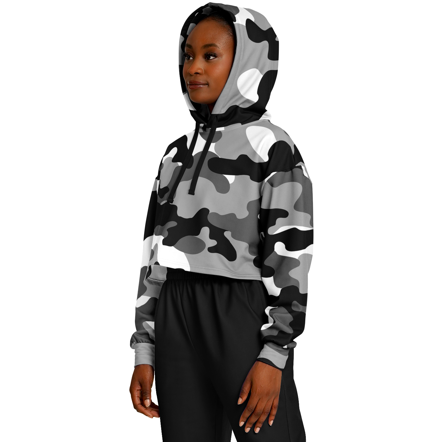 Gray Black & White Camo Cropped Hoodie For Women