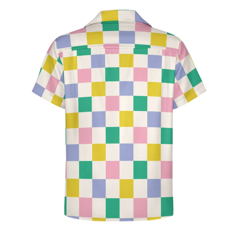 Cuban Collar Shirt | Green Blue Peach Lemon Chessboard