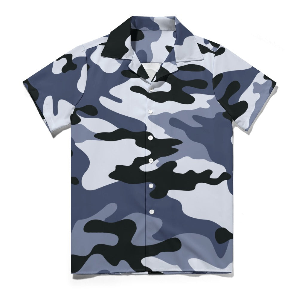 Dark Blue Camouflage Cuban Collar Shirt
