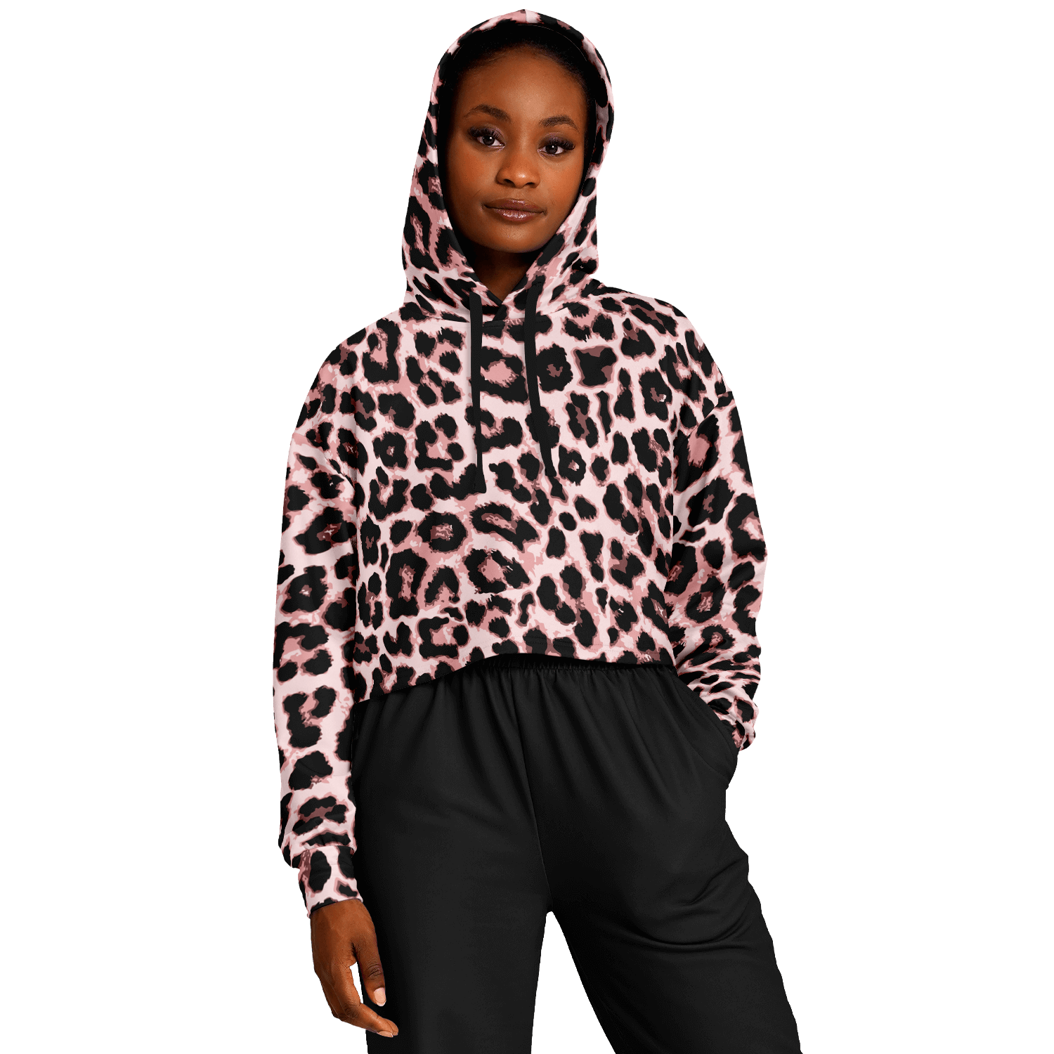 Leopard Cropped Hoodie | Black & Pippin Pattern