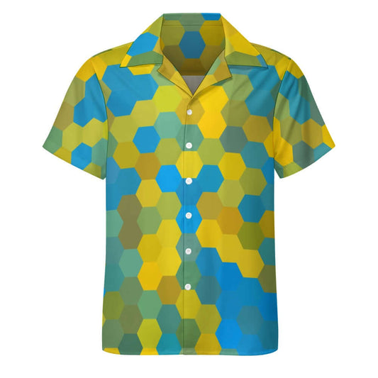Hexagonal Blue & Yellow | Cuban Collar Shirt