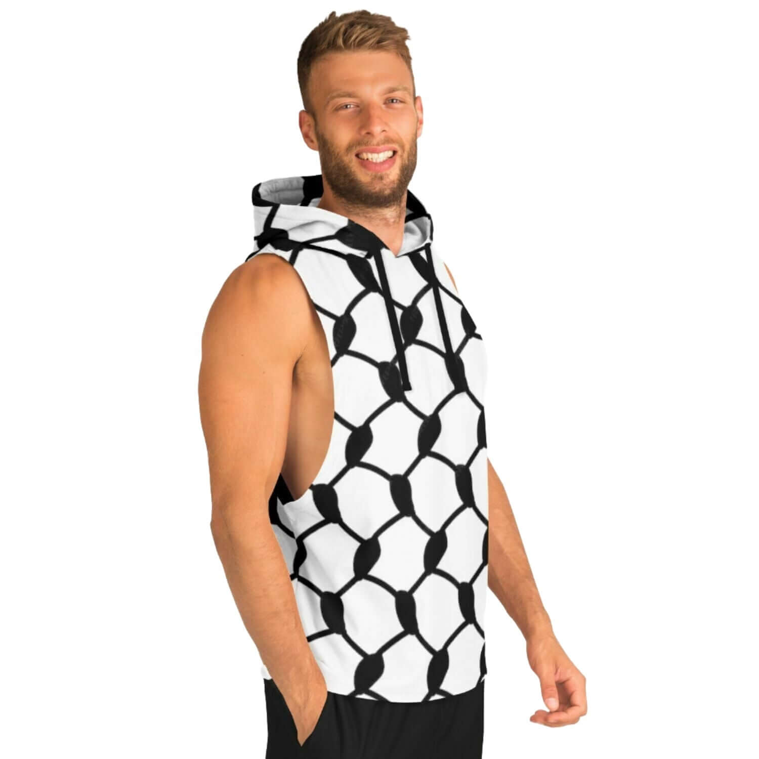 Keffiyeh Sleeveless Hoodie For Men | Black / White HD