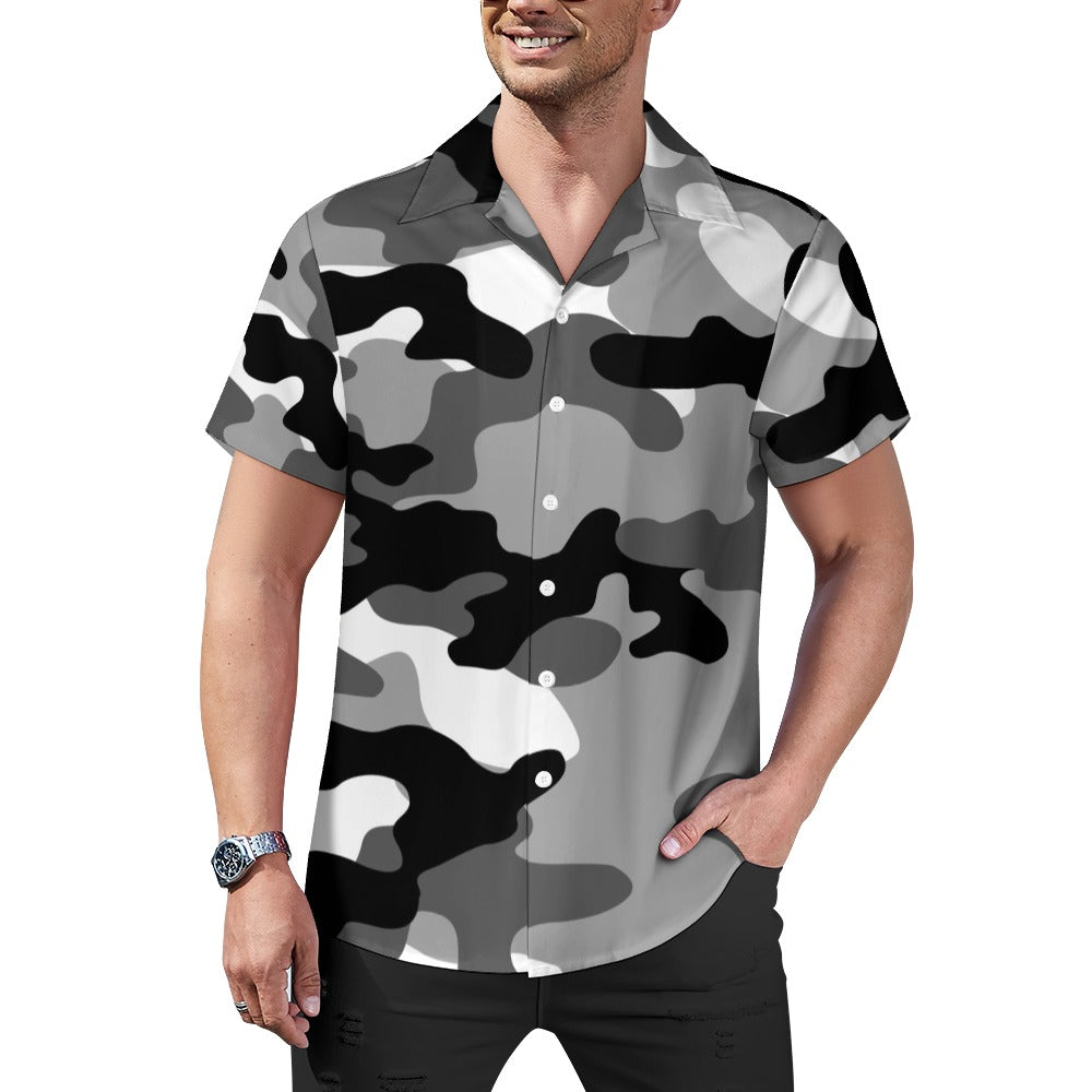 Black Gray & White Camouflage Cuban Collar Shirt