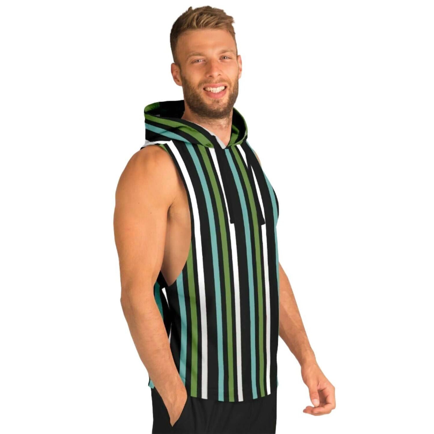 Sleeveless Hoodie For Men | Green White Lines