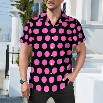 Pink Dots On a Black Cuban Collar Shirt