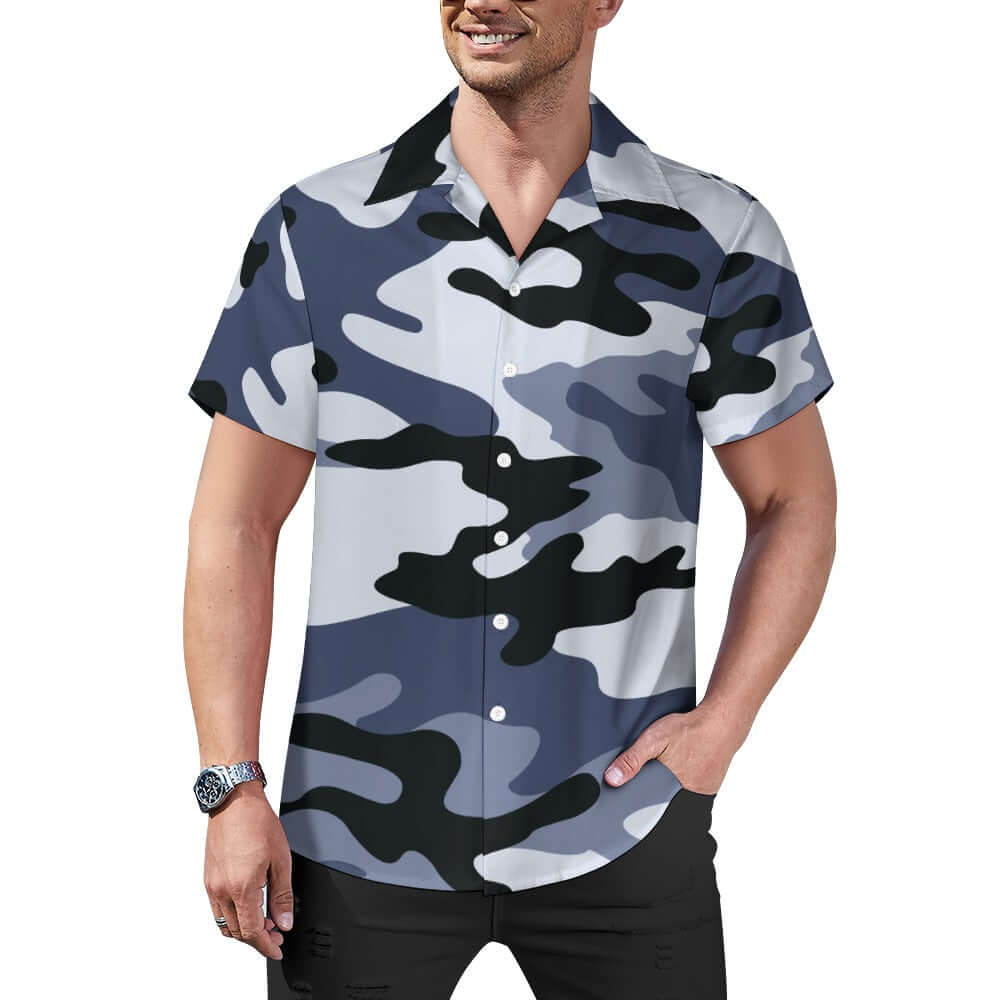 Dark Blue Camouflage Cuban Collar Shirt