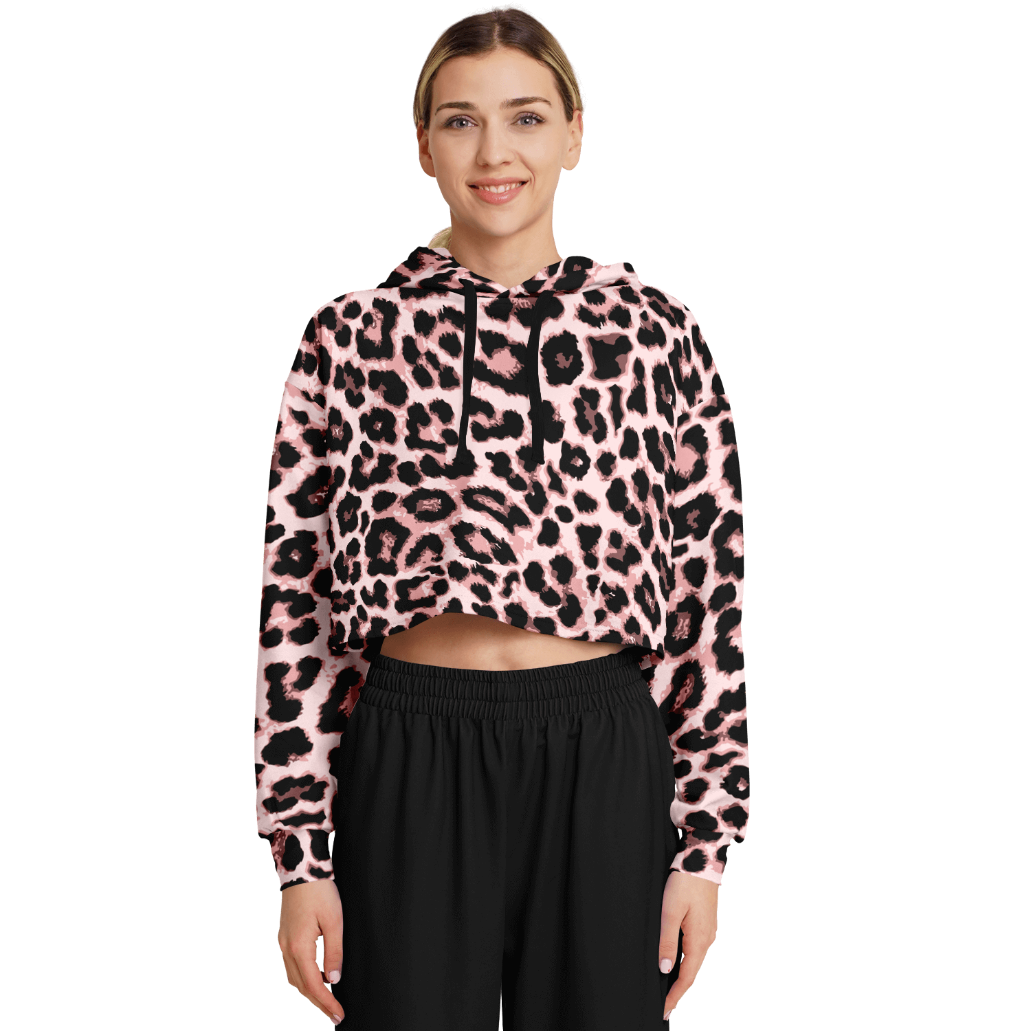 Leopard Cropped Hoodie | Black & Pippin Pattern