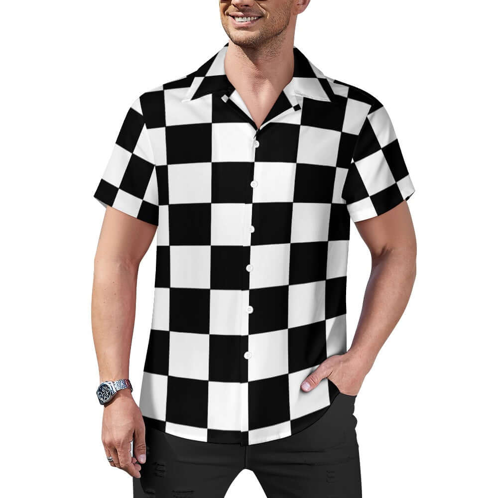 Cuban collar shirt | Black & White Chess Board