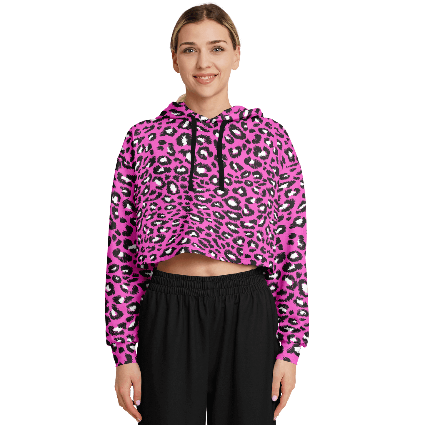 Leopard Cropped Hoodie | Black & Hot Pink Pattern