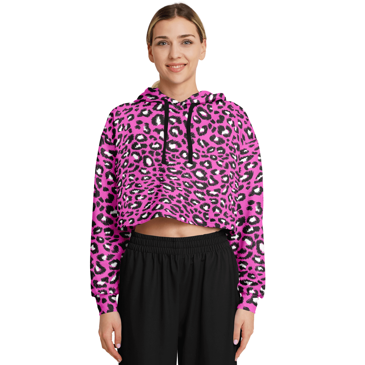 Leopard Cropped Hoodie | Black & Hot Pink Pattern