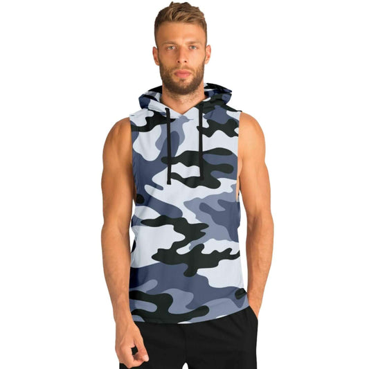 Blue Camouflage Sleeveless Hoodie For Men