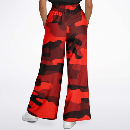 Scarlet Red & Black Camo Wide Leg Pants For Women