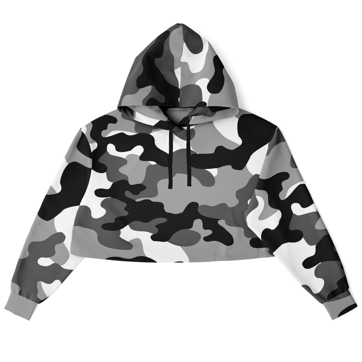 Gray Black & White Camo Cropped Hoodie For Women