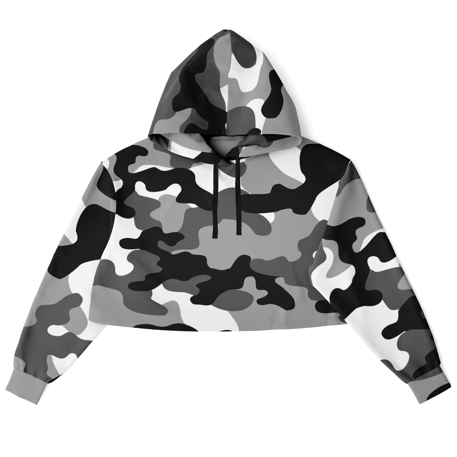 Gray Black & White Camo Cropped Hoodie For Women