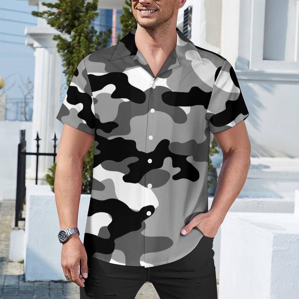 Black Gray & White Camouflage Cuban Collar Shirt