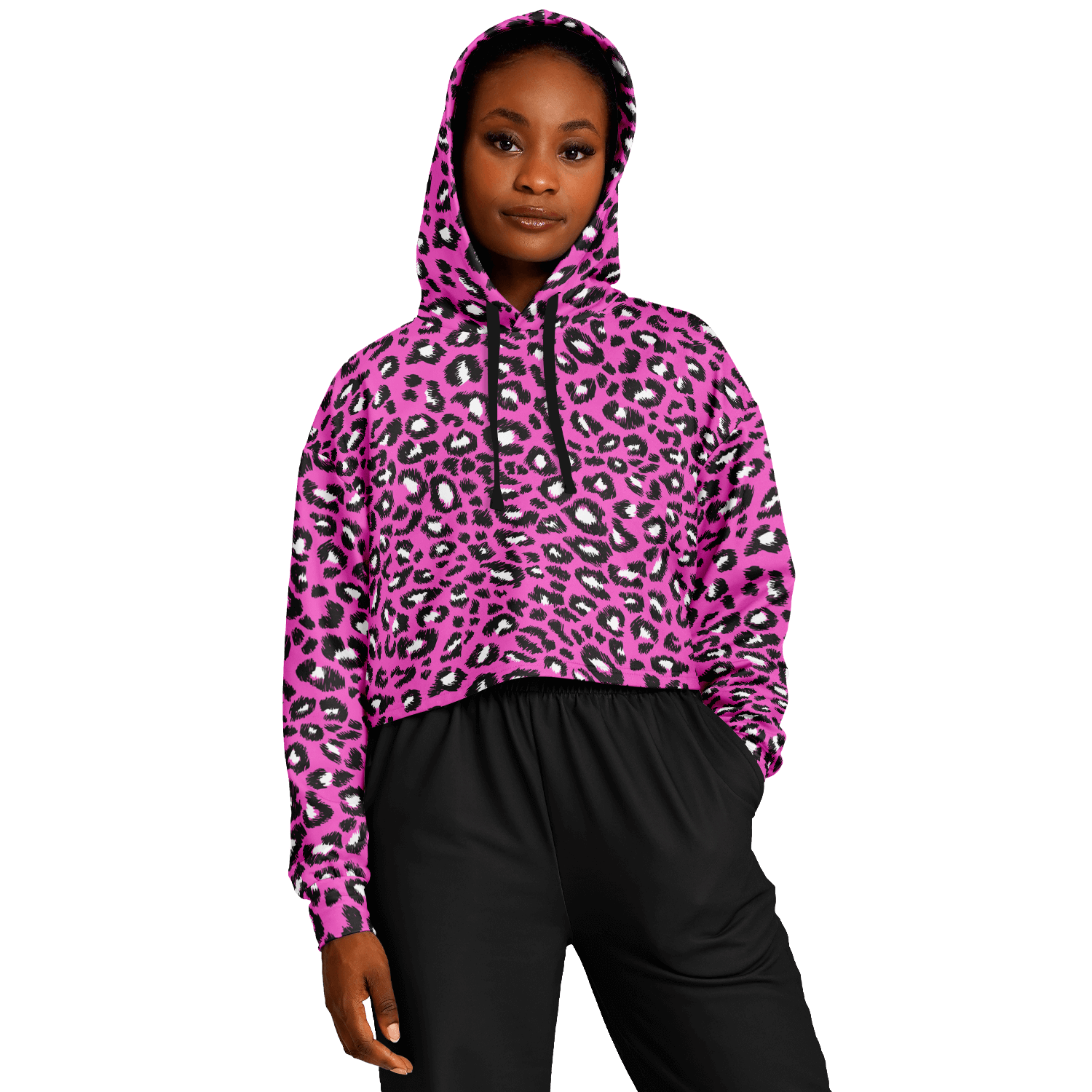 Leopard Cropped Hoodie | Black & Hot Pink Pattern