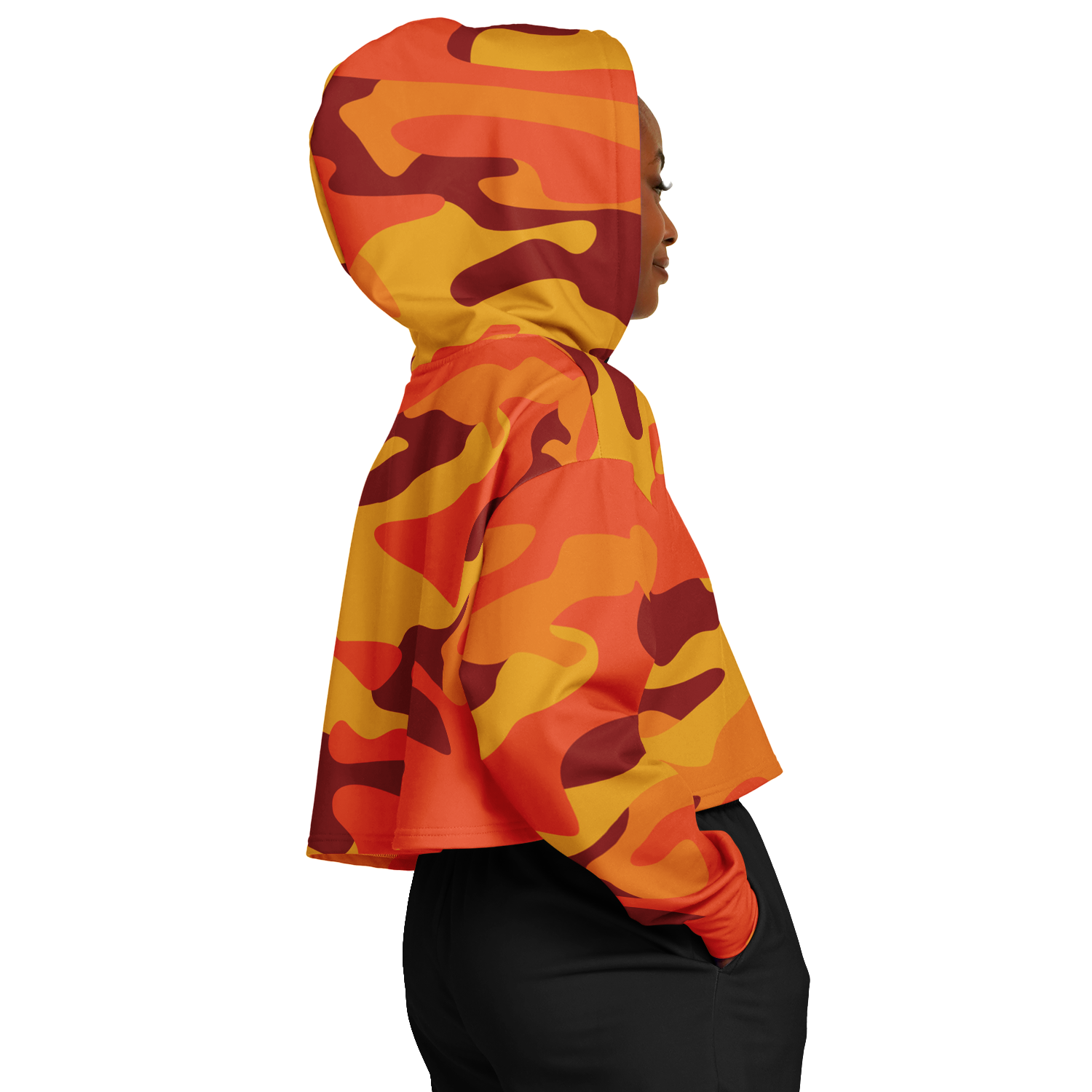 Orange & Red Camo Cropped Hoodie For Women