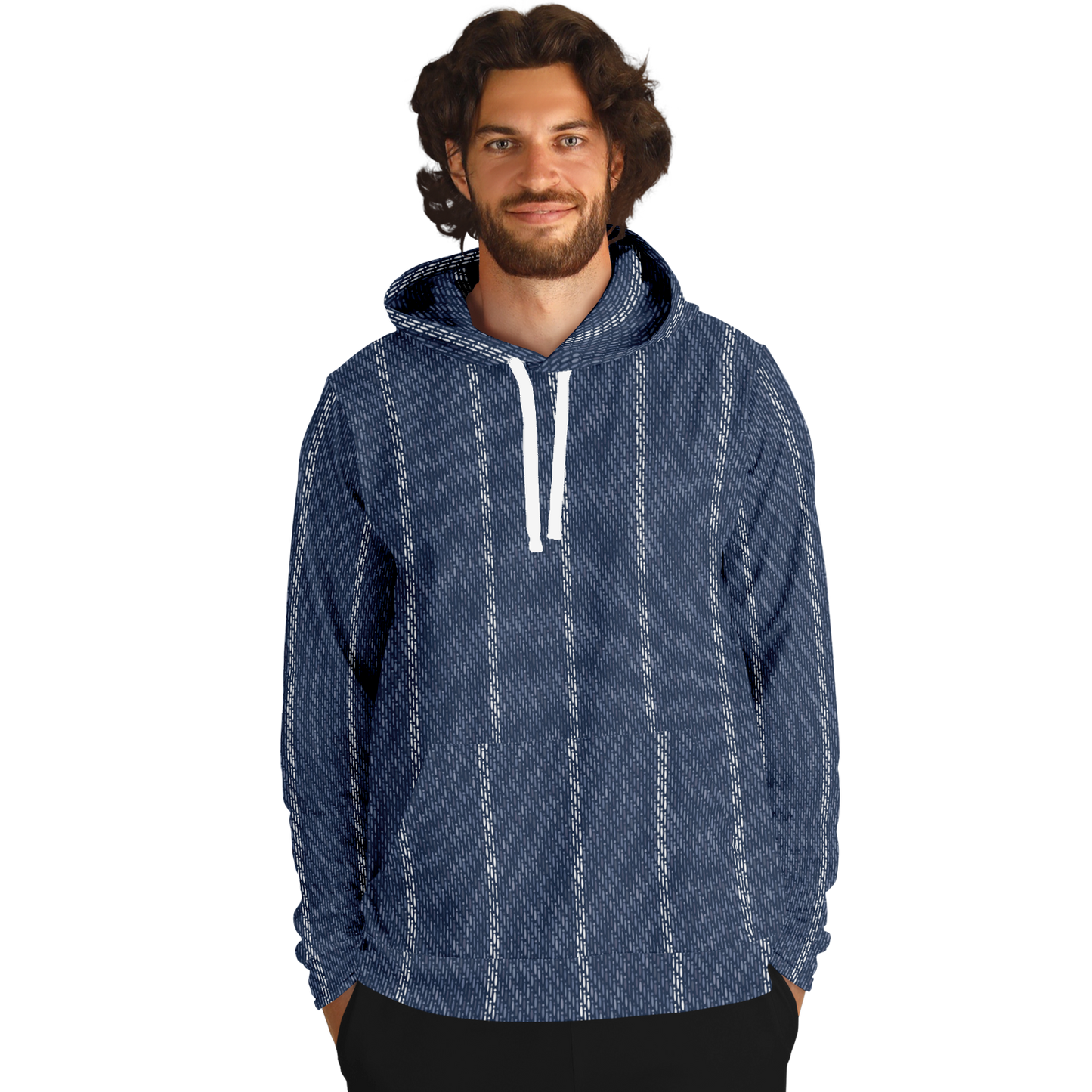 Denim Hoodie | Indigo Blue | Pinstriped Fabric Texture