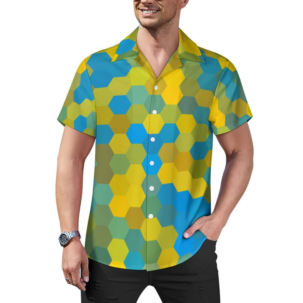Hexagonal Blue & Yellow | Cuban Collar Shirt