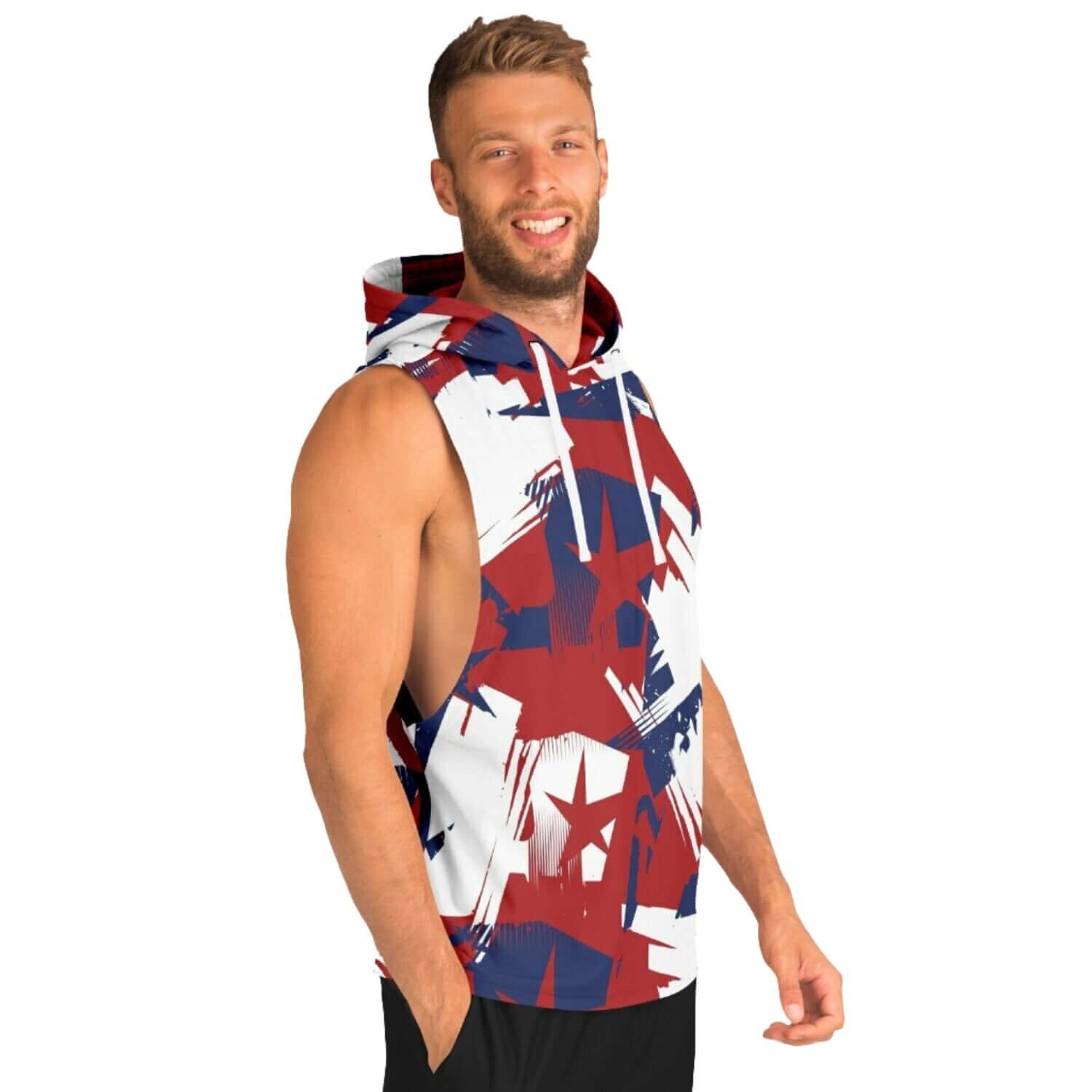 Red Blue White Sleeveless Hoodie | Abstract Stars