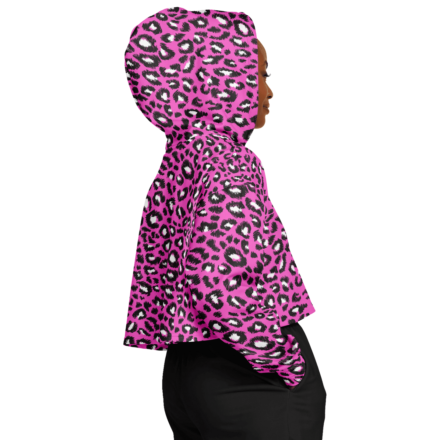 Leopard Cropped Hoodie | Black & Hot Pink Pattern