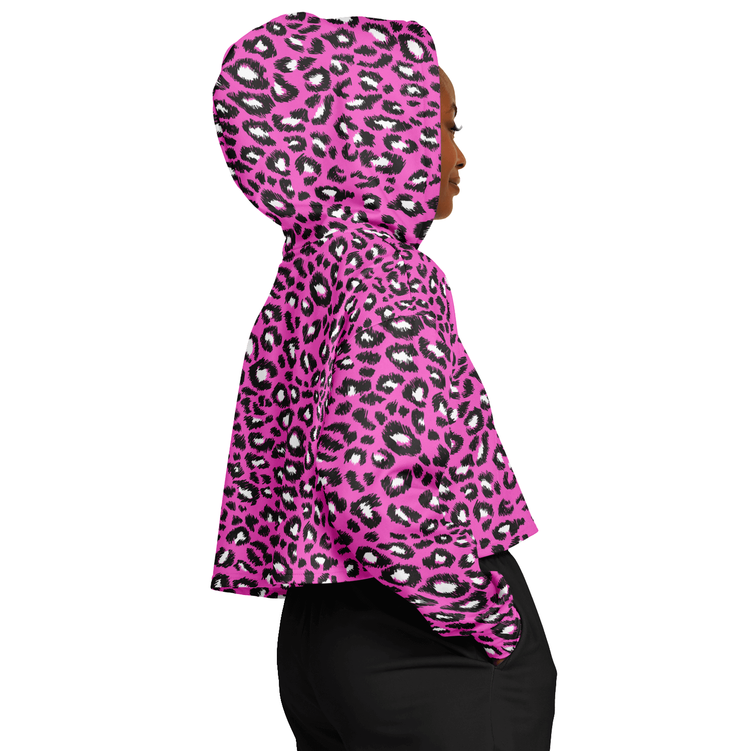 Leopard Cropped Hoodie | Black & Hot Pink Pattern