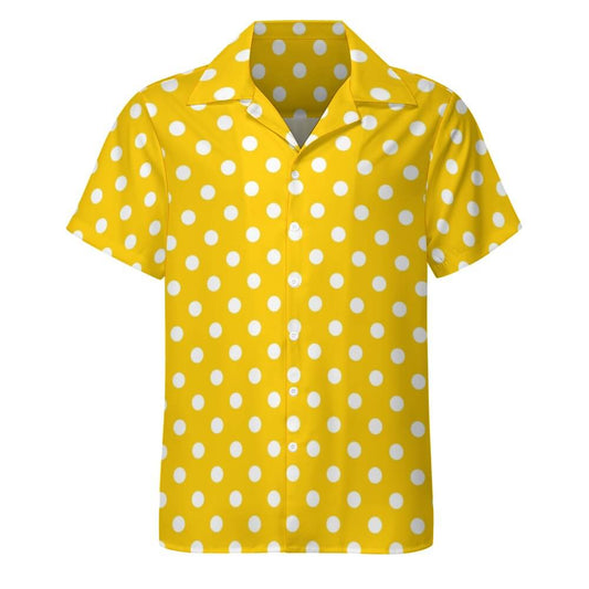 Yellow Cuban Collar Shirt With White Polka Dots