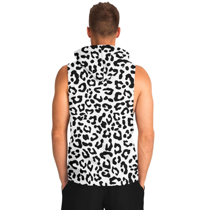 Black & White Leopard Sleeveless Hoodie For Men