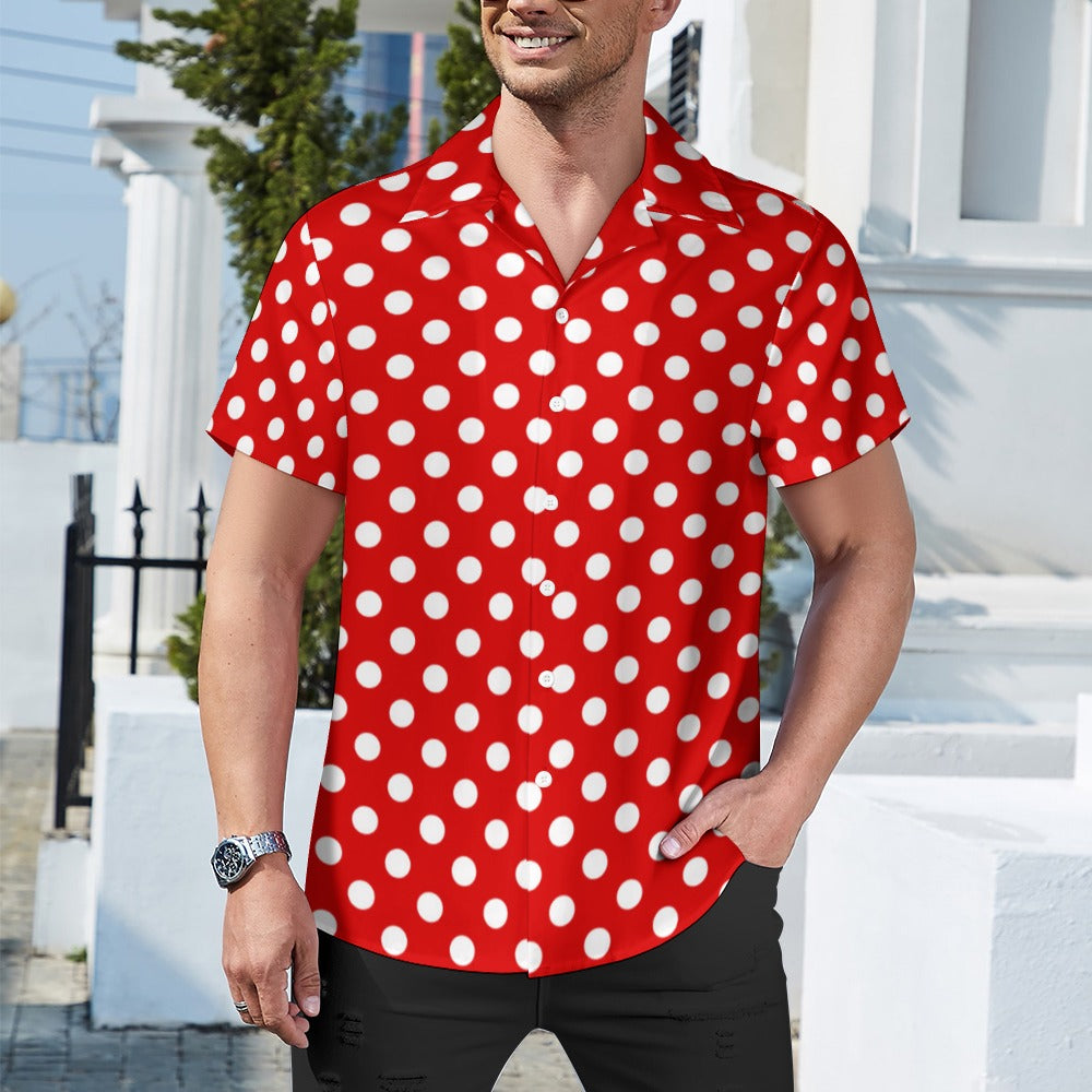 White Dots on a Red Cuban Collar Shirt