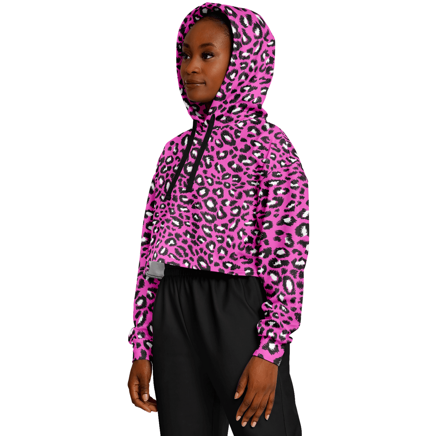 Leopard Cropped Hoodie | Black & Hot Pink Pattern