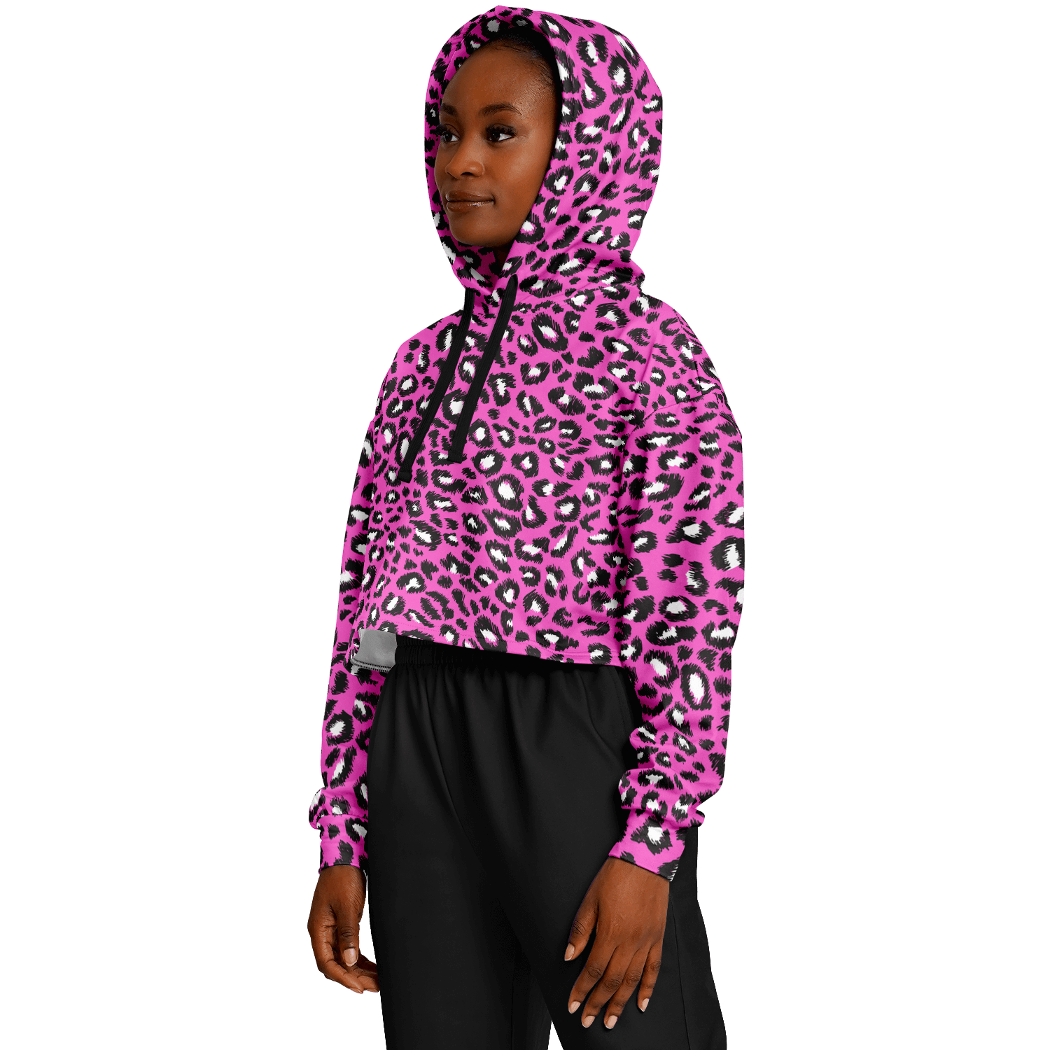 Leopard Cropped Hoodie | Black & Hot Pink Pattern