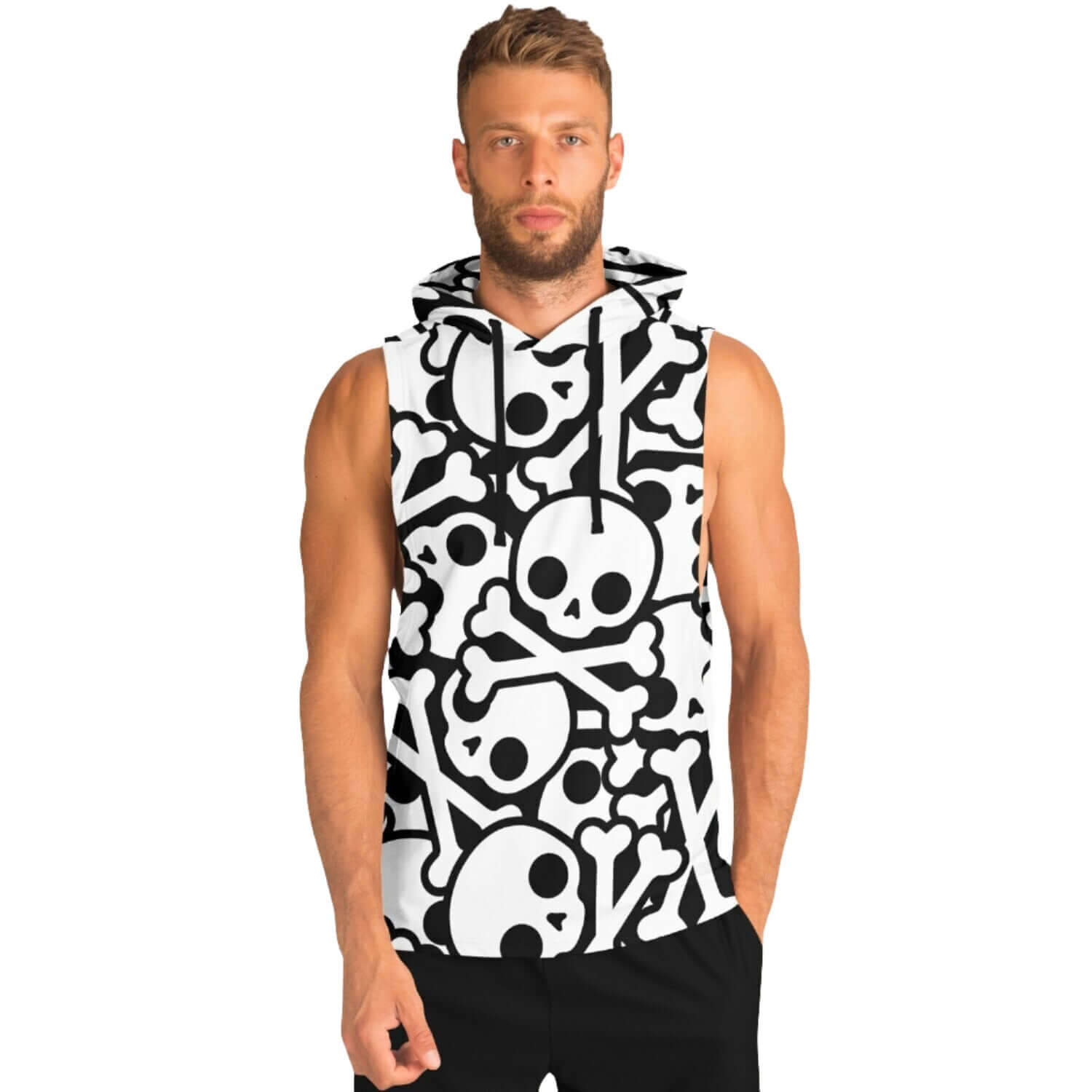 Sleeveless Hoodie For Men | Black & White Skulls