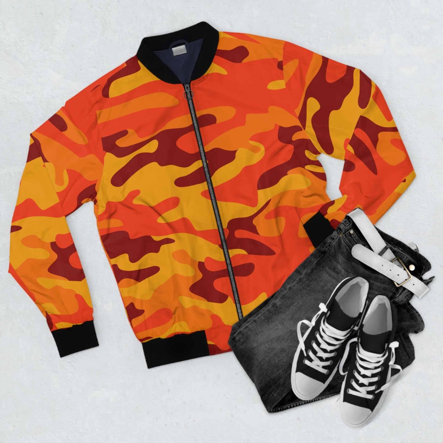 Blouson aviateur camouflage orange et rouge