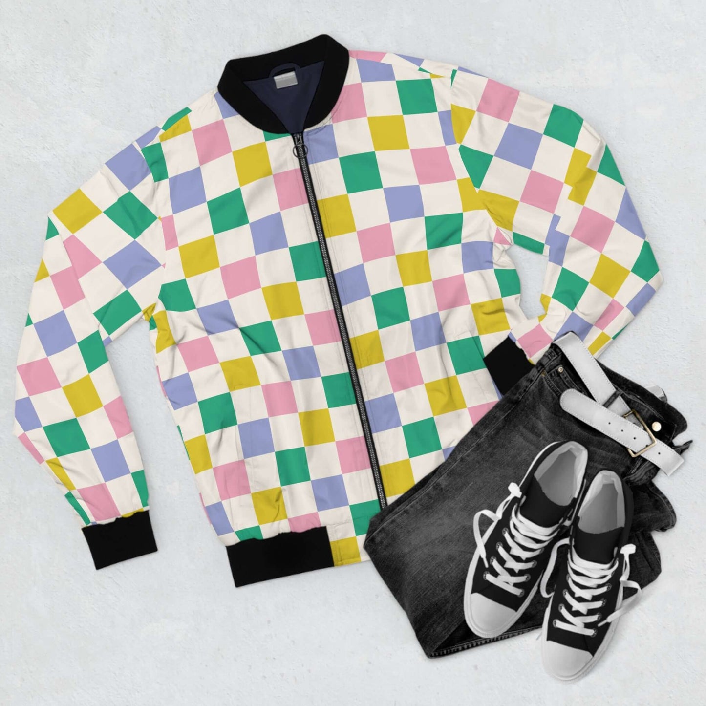 Green Blue Peach Lemon | Chessboard Bomber Jacket