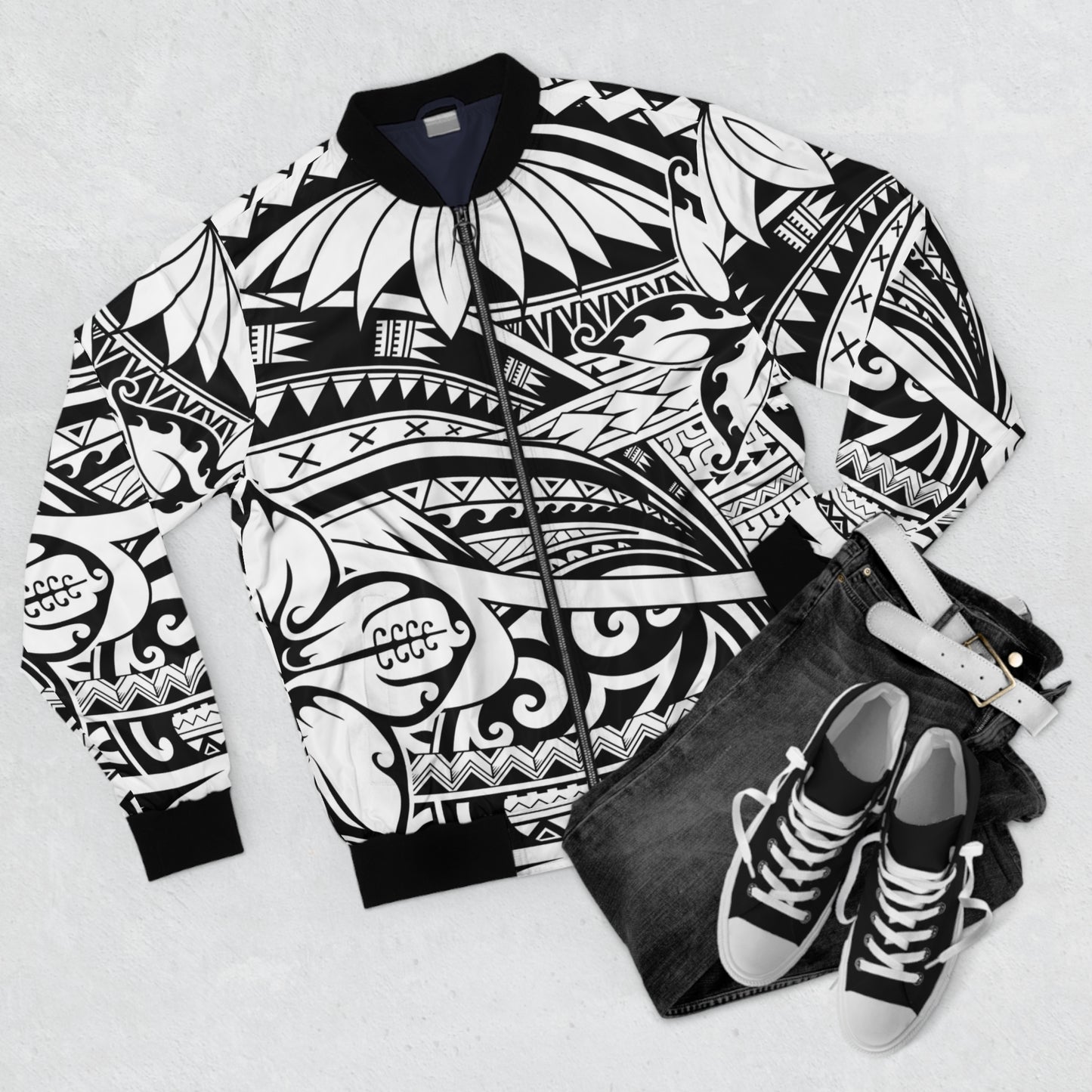 Tribal Bomber Jacket | Polynesian Black & White