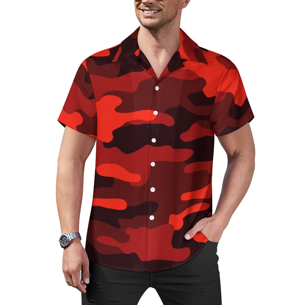 Scarlet Red & Black Camouflage Cuban Collar Shirt