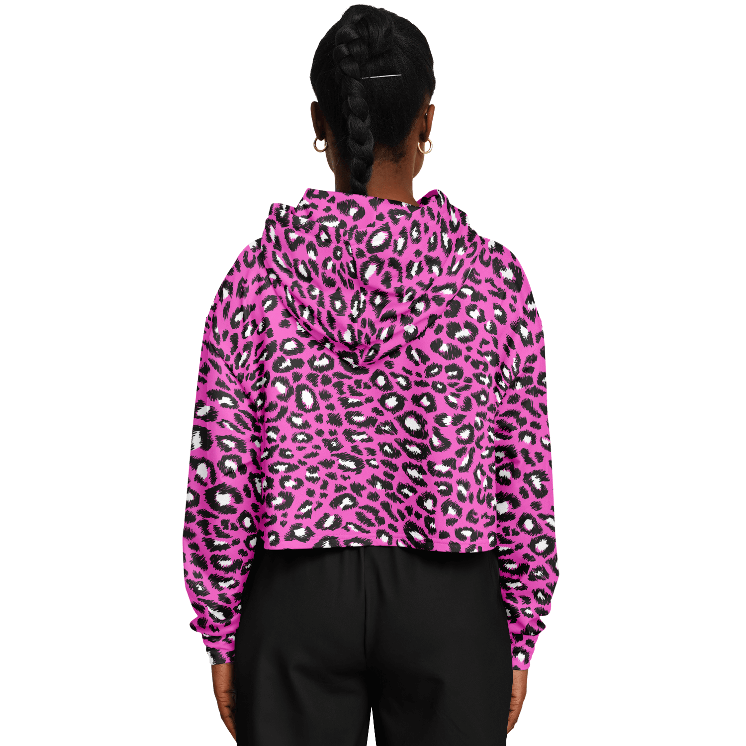 Leopard Cropped Hoodie | Black & Hot Pink Pattern