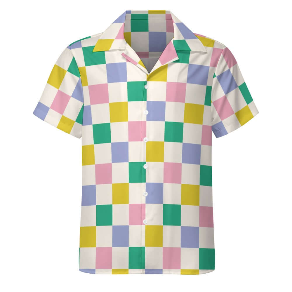 Cuban Collar Shirt | Green Blue Peach Lemon Chessboard