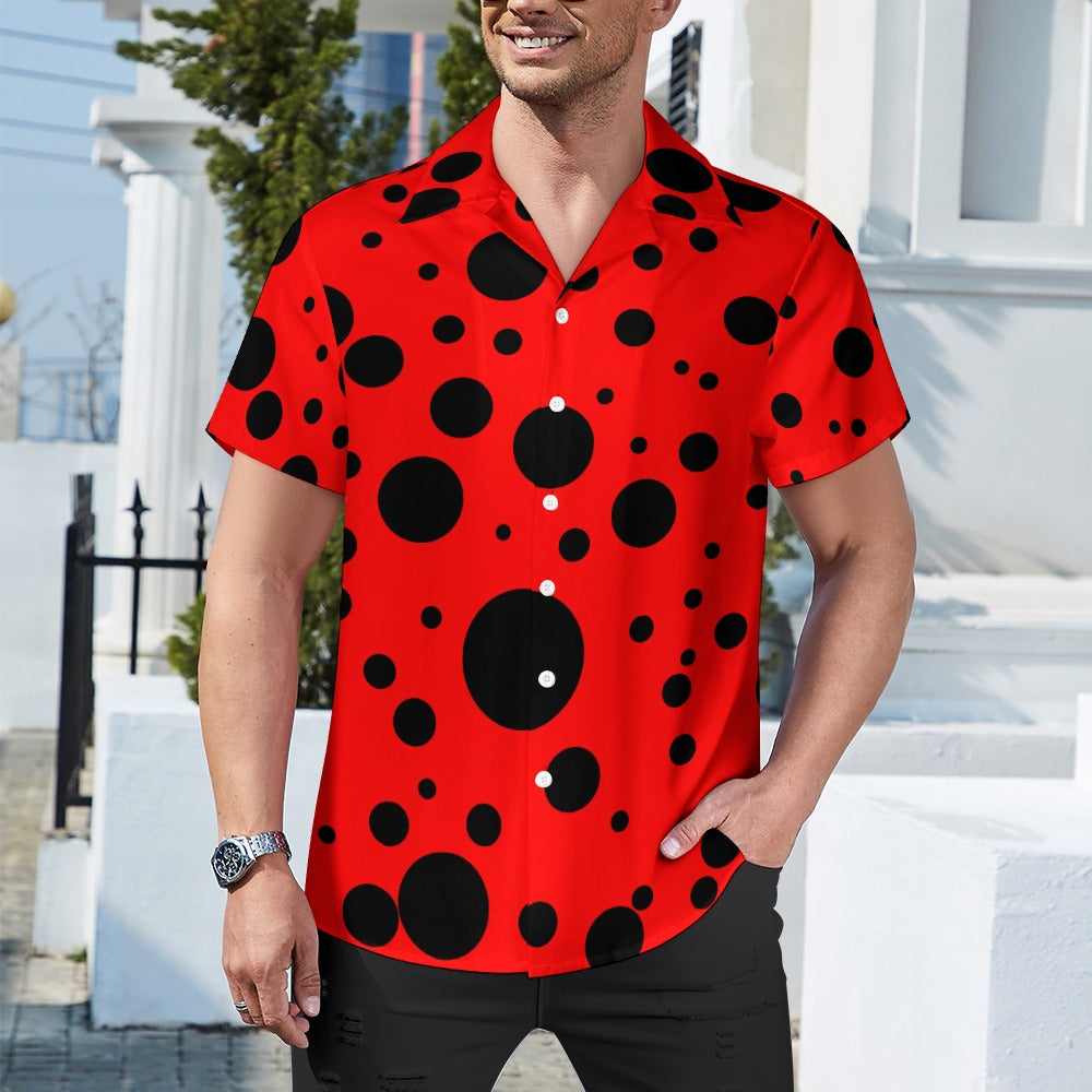 Black & Red Polka Dots Cuban Collar Shirt