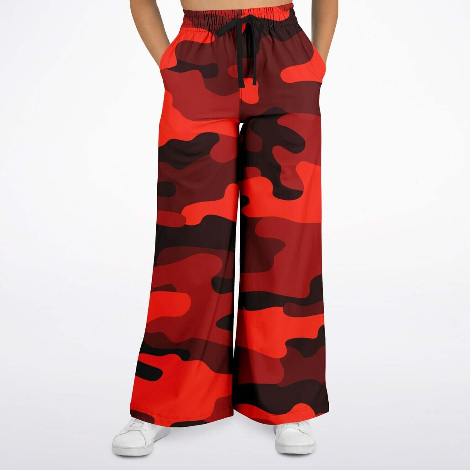 Scarlet Red & Black Camo Wide Leg Pants For Women