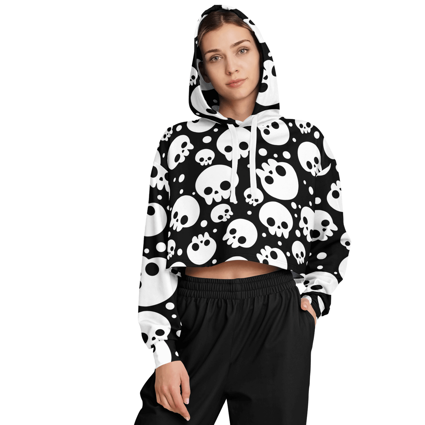 Skulls Cropped Hoodie For Women | Black & White