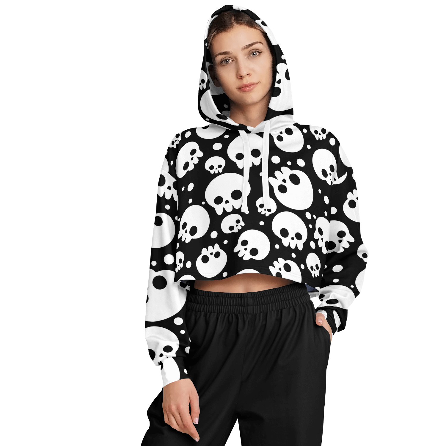 Skulls Cropped Hoodie For Women | Black & White